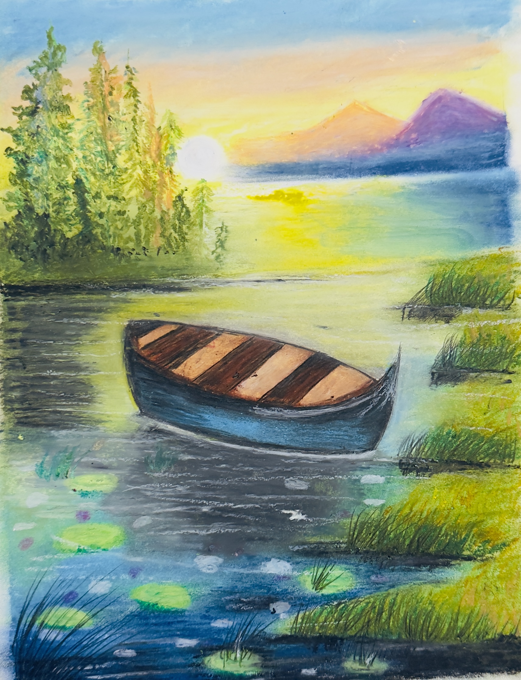 Oil pastel painting by Mahira Bint e Hayat of a peaceful lake at sunset — a small wooden rowing boat with a dark blue hull and warm timber planks drifts among reeds and lily pads, with pine trees on the left bank and orange and purple mountains glowing in the distance.